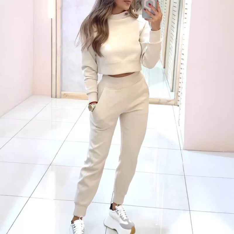 Dames Trainingspak met Cropped Sweater en Hoge Taille Broek Crème