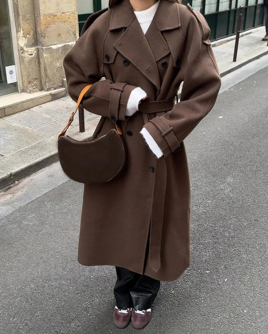Dames Trenchcoat van Luxe Wol met Ceintuur en Double Breasted Sluiting 0