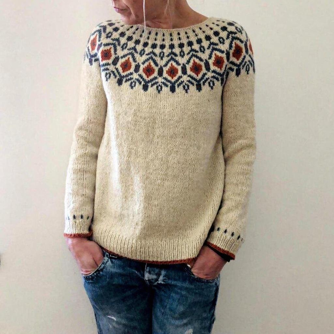 Dames Trui met Ronde Hals en Scandinavisch Geometrisch Patroon