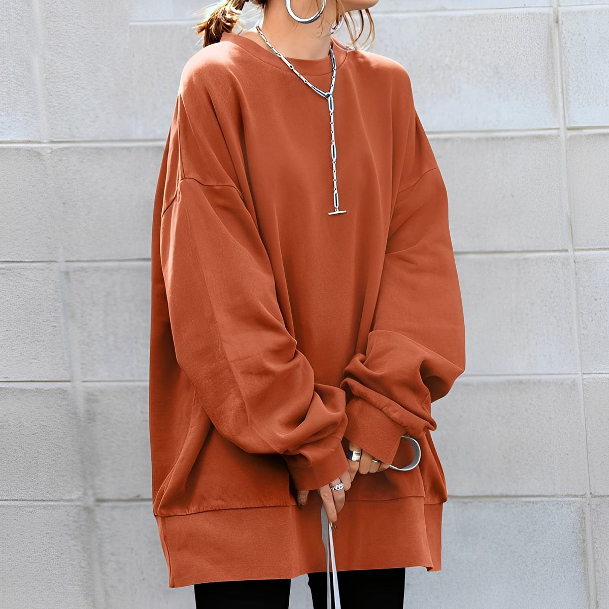 Dames Trui met Oversized Pasvorm en Ronde Hals Oranje