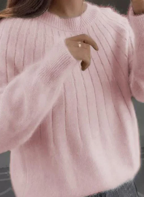 Dames Trui met Ronde Hals en Fluffy Textuur Lichtroze