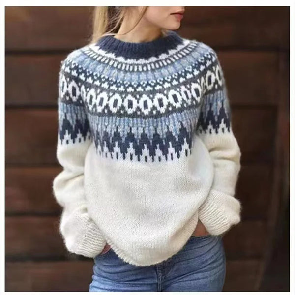 Dames Pullover met Noors Yoke Patroon en Ronde Hals Wit Blauw
