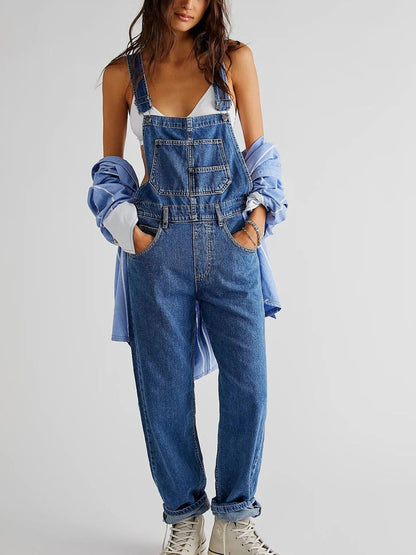 Dames Tuinbroek Denim met Verstelbare Schouderbanden en Praktische Zakken Donkerblauw