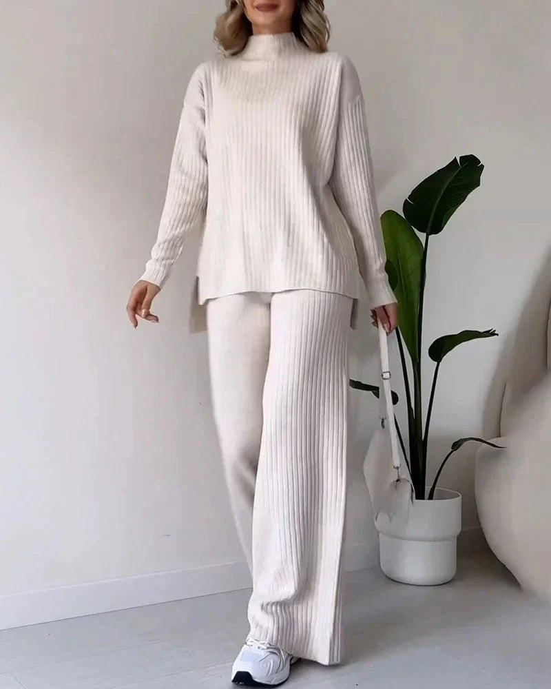 BP Dames Tweedelige Loungewear Set met Losvallende Col Shirt en Rechte Broek Wit