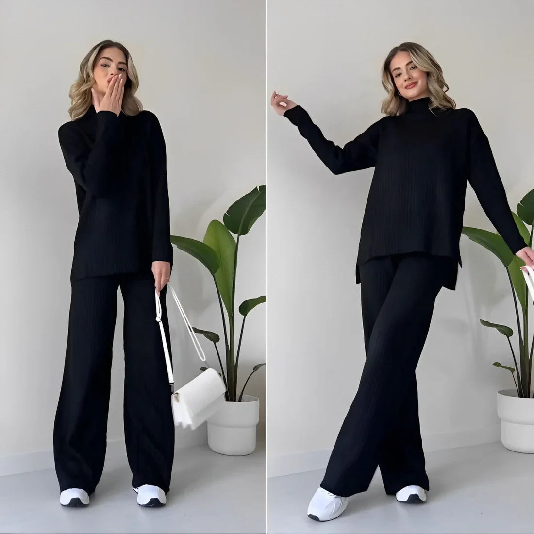 BP Dames Tweedelige Loungewear Set met Losvallende Col Shirt en Rechte Broek