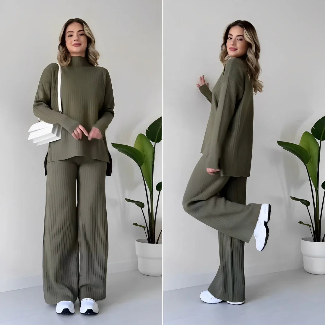 BP Dames Tweedelige Loungewear Set met Losvallende Col Shirt en Rechte Broek