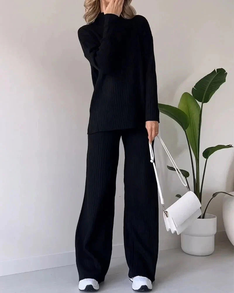 BP Dames Tweedelige Loungewear Set met Losvallende Col Shirt en Rechte Broek Zwart
