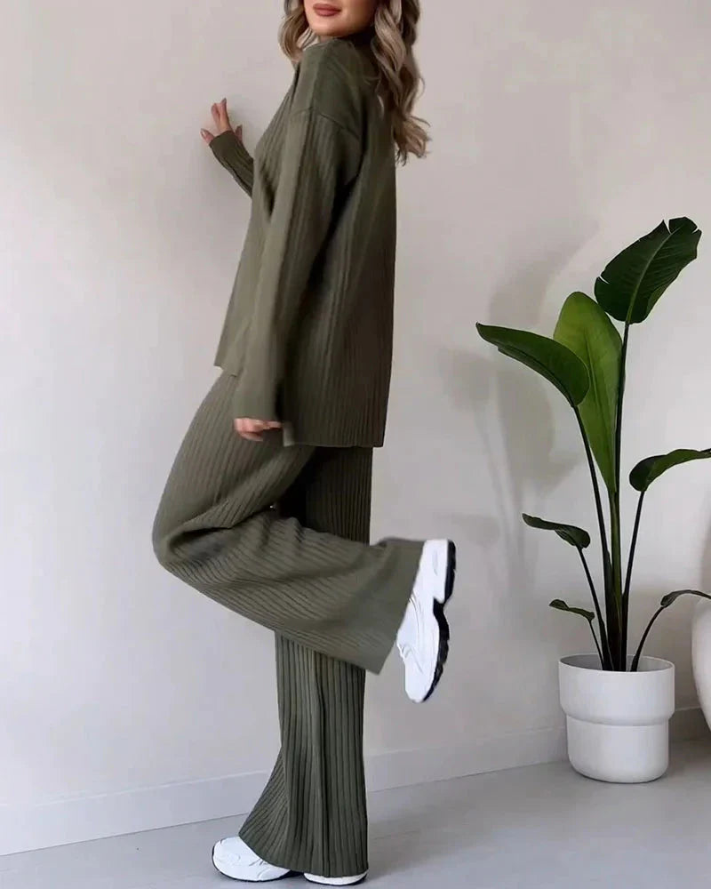 BP Dames Tweedelige Loungewear Set met Losvallende Col Shirt en Rechte Broek Groen