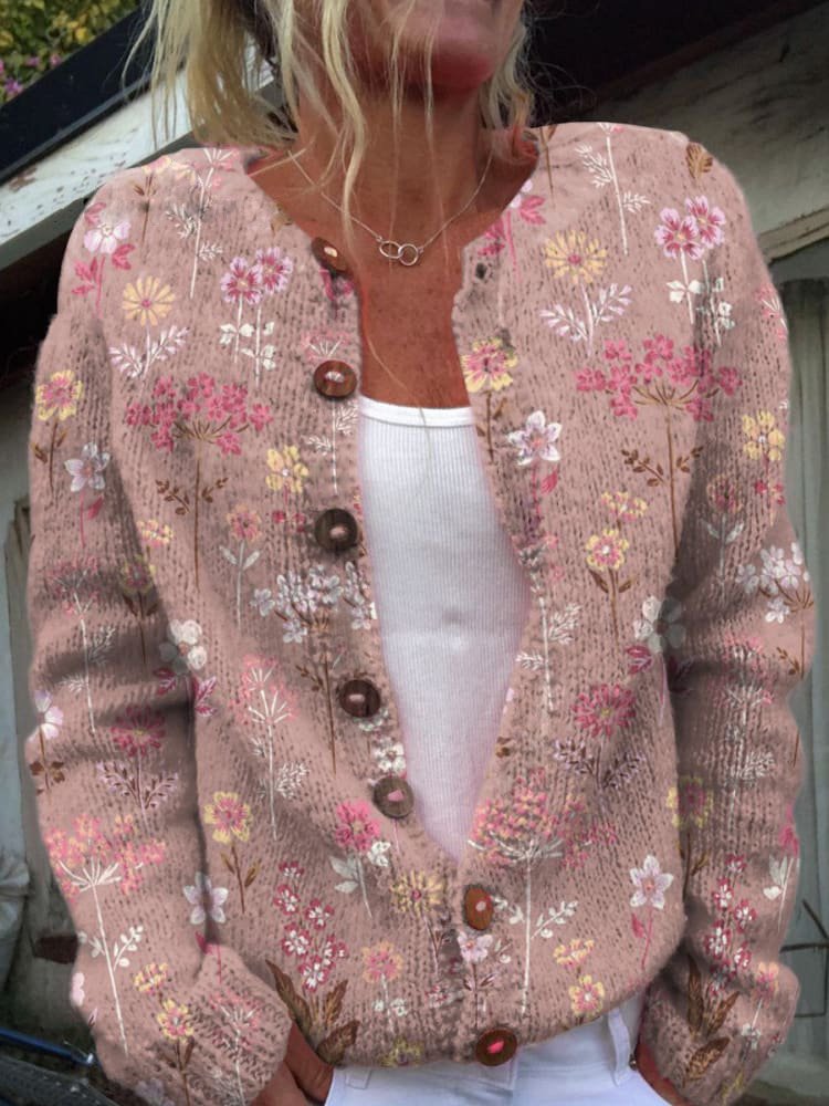Dames Gebreide Cardigan Vest met Print Roze