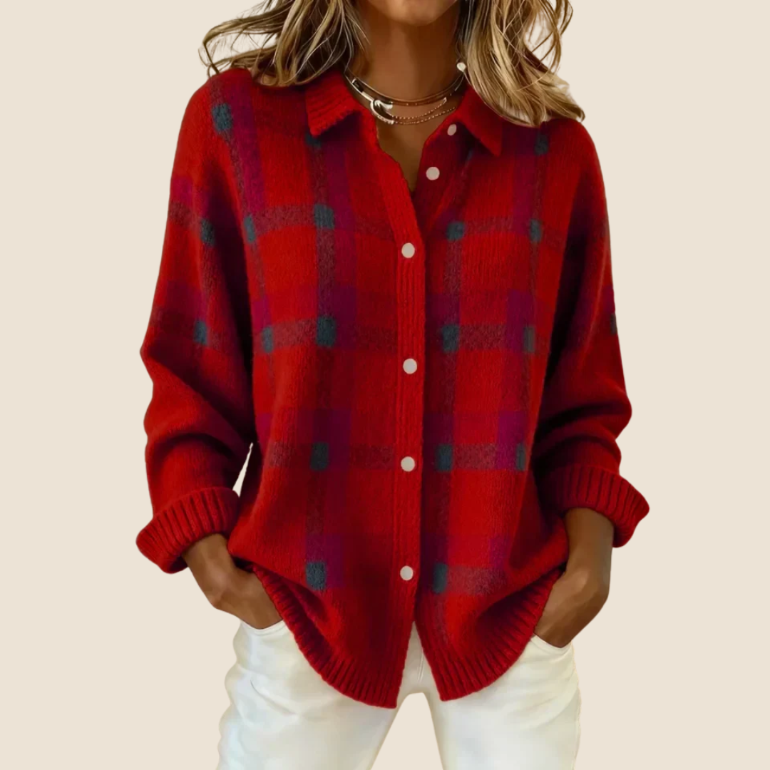 Dames Vest met Knoopsluiting, Kraag, Geruit Patroon en Geribde Boorden Rood