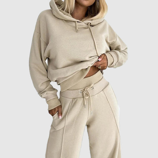 Dames Loungewear Set met Hoodie en Wijde Joggingbroek Beige
