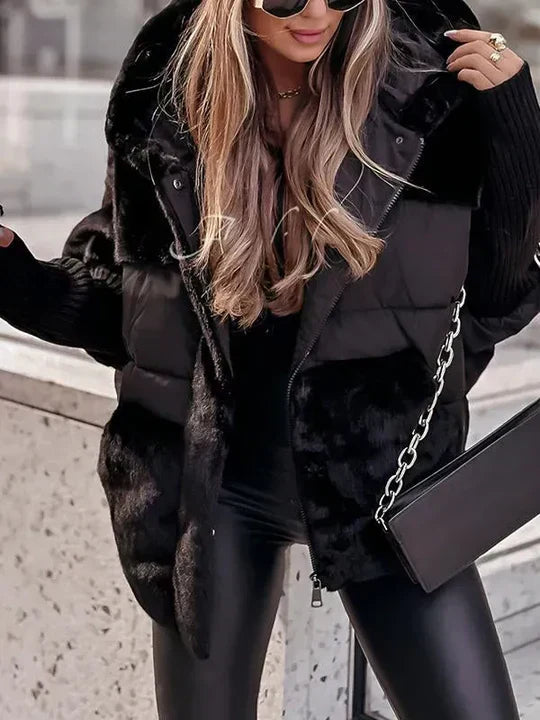 Dames Teddy Winterjas met Capuchon en Oversized Vleermuis Pasvorm Zwart