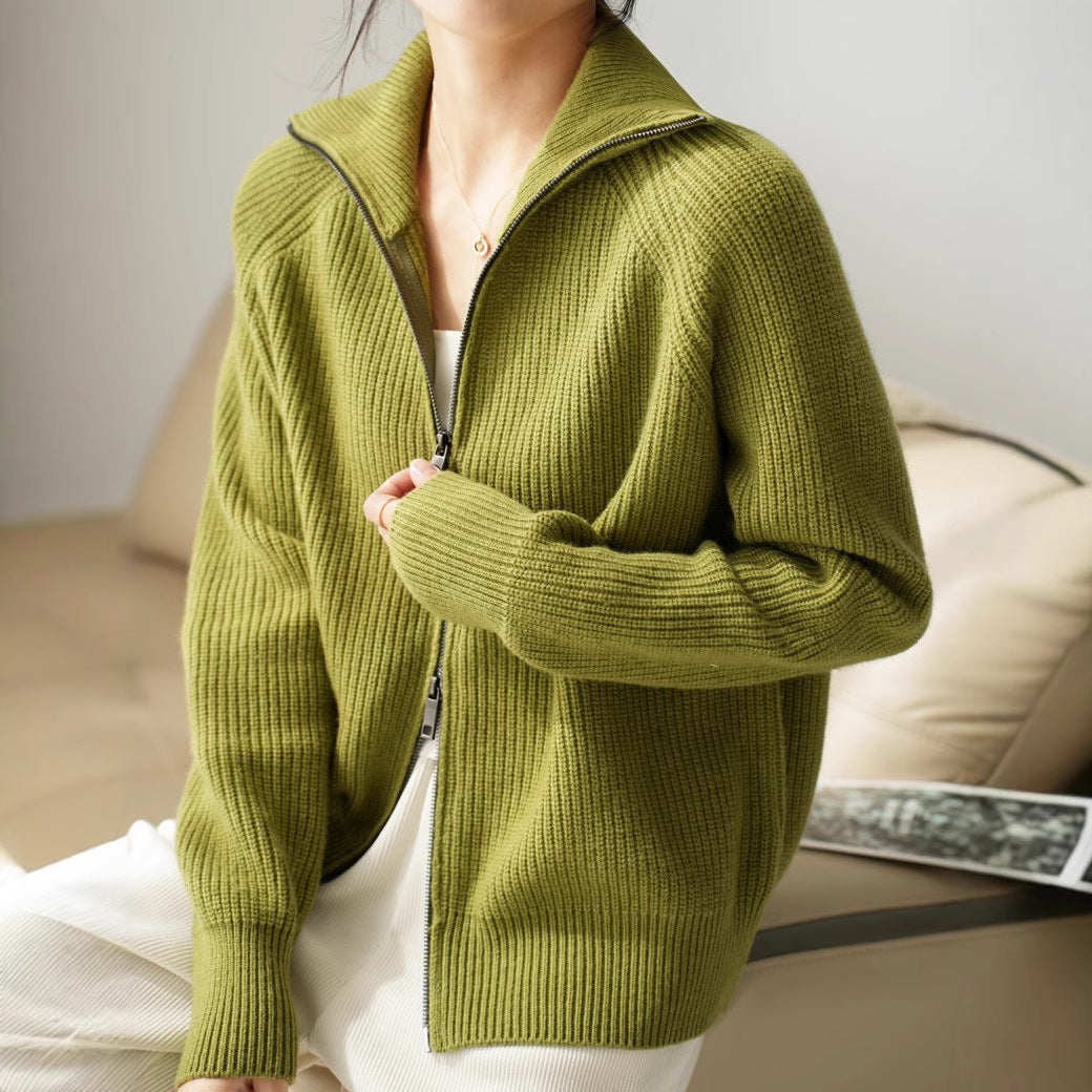 Dames Gebreide Cardigan Vest met Rits en Hoge Kraag Groen