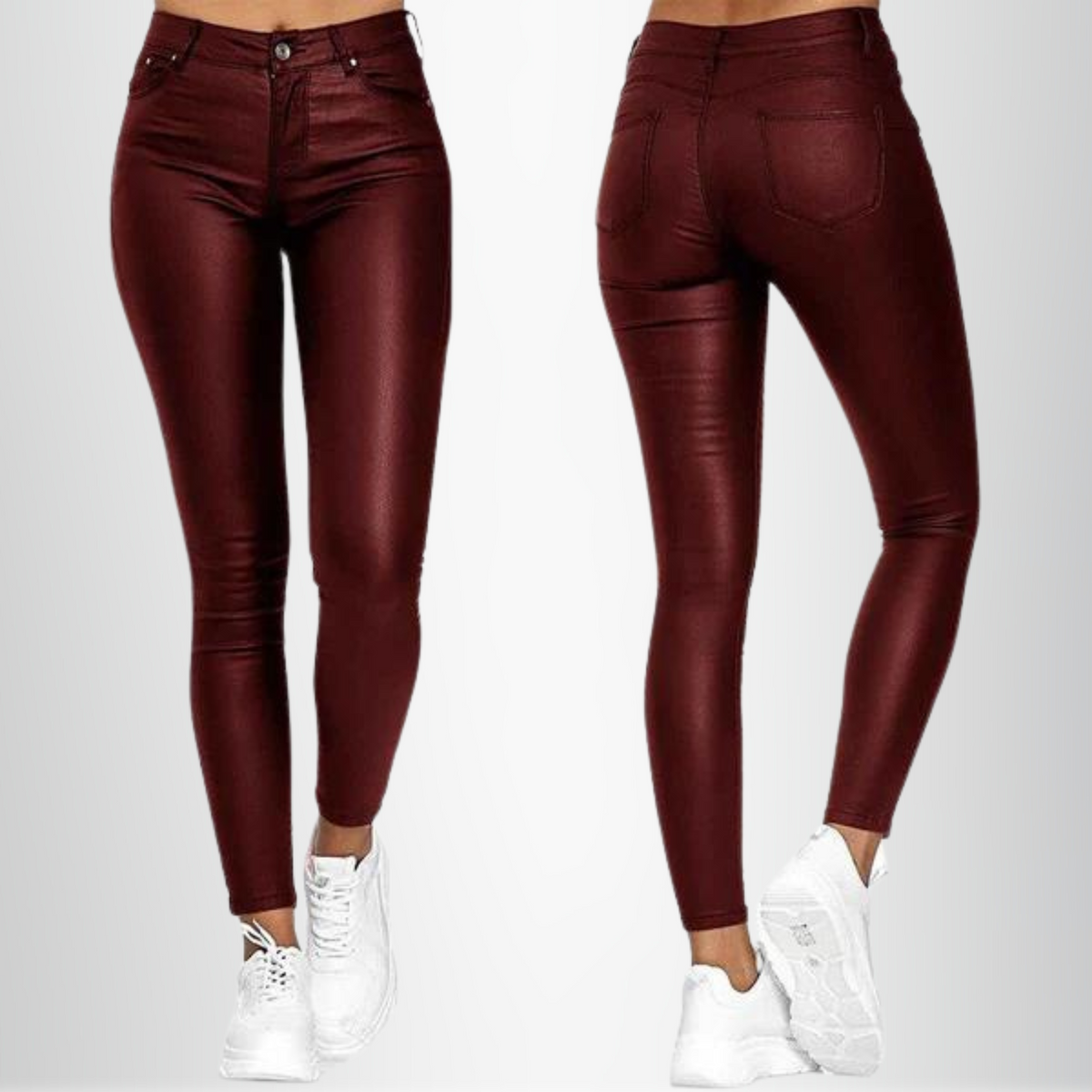 Dames Hoge Taille Broek met Leather Look Bordeauxrood