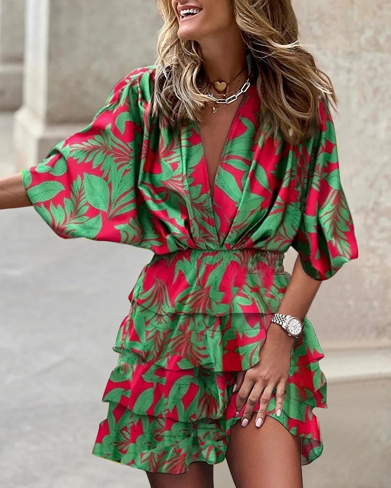 Dames Feestelijke Mini Jurk met Print voor Zomer Groen