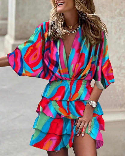 Dames Feestelijke Mini Jurk met Print voor Zomer Rood Blauw