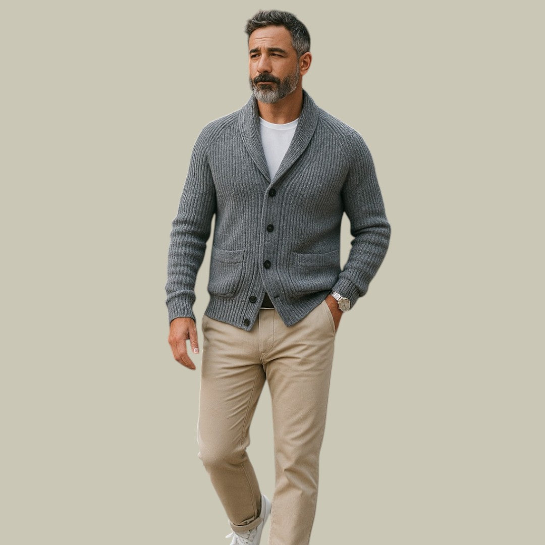 Heren Cardigan van Cashmere Blend met Knoopsluiting en Ribbelmanchetten 1