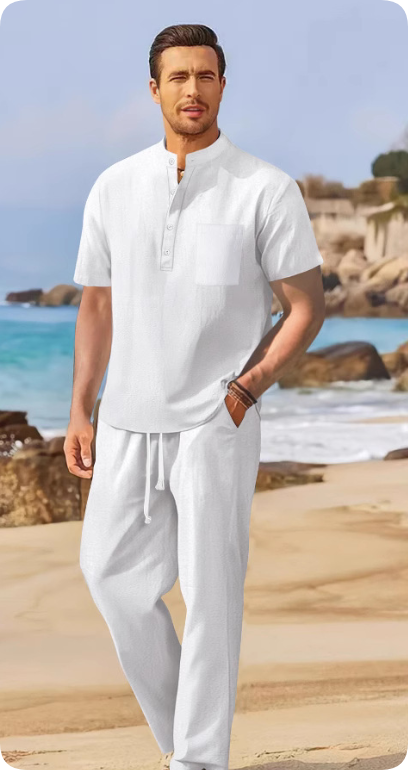 Heren Clothing Set Korte Mouw met Boordknoop en Wijde Broek