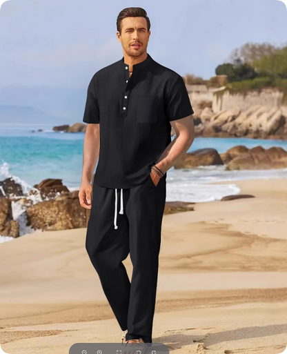 Heren Clothing Set Korte Mouw met Boordknoop en Wijde Broek