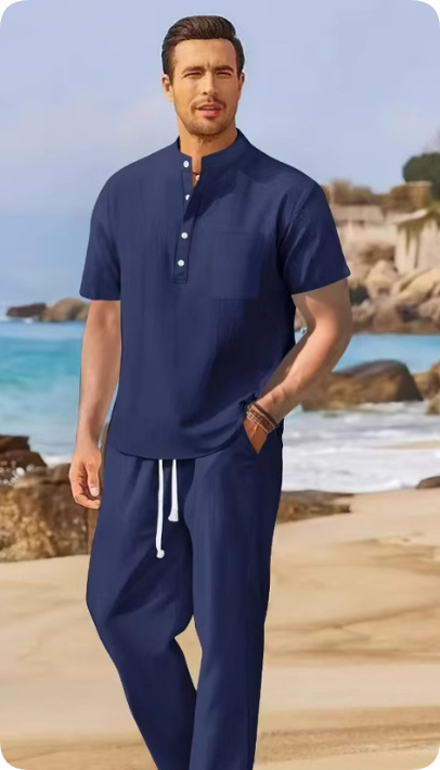 Heren Clothing Set Korte Mouw met Boordknoop en Wijde Broek