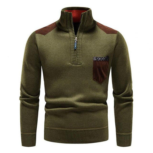 Heren Pullover met Hoge Kraag, Halve Rits en Borstzak Legergroen