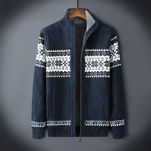 Heren Gebreid Fleece Vest met Winter Patroon en Hoge Kraag Blauw