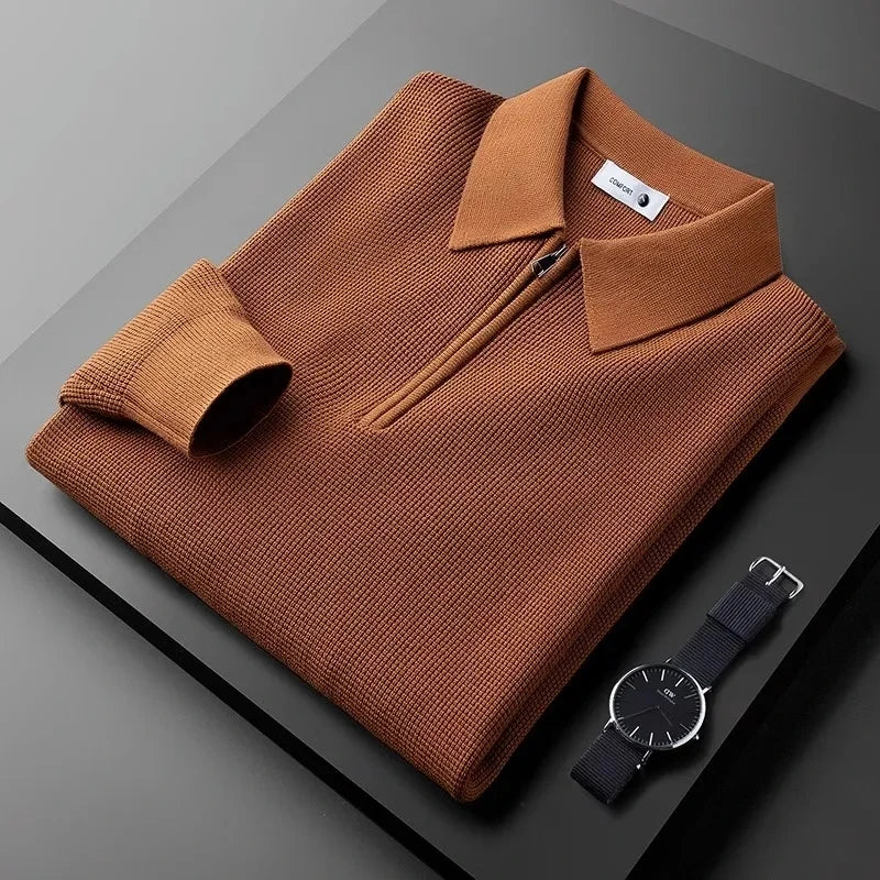 Heren Gebreid Shirt met Wafelstructuur en Kwart-Zip 0