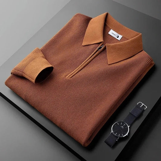 Heren Gebreid Shirt met Wafelstructuur en Kwart-Zip 0