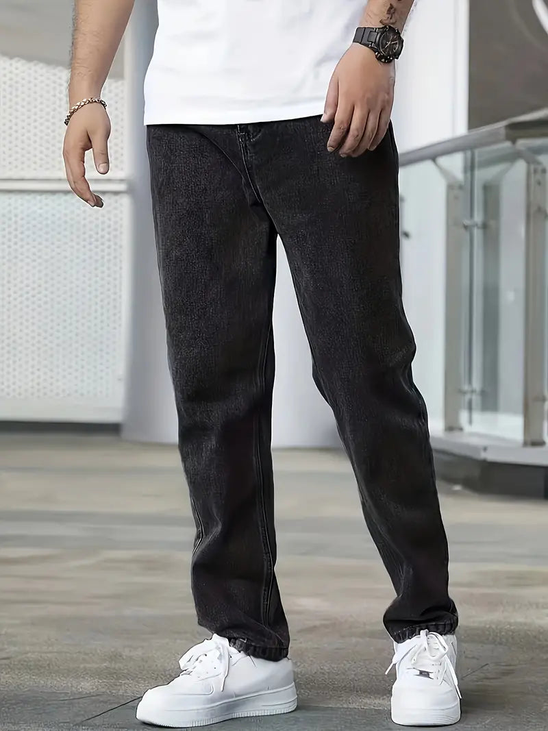Heren Lange Jeans met Rechte Pijpen en Lichte Wassing Zwart