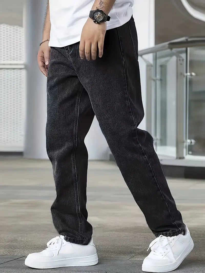 Heren Lange Jeans met Rechte Pijpen en Lichte Wassing
