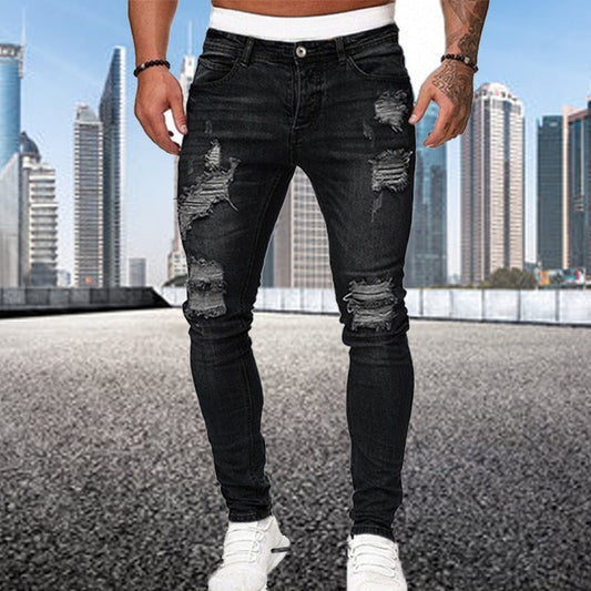 Heren Jeans Slim Fit met Ripped Details en Rechte Pijpen Zwart