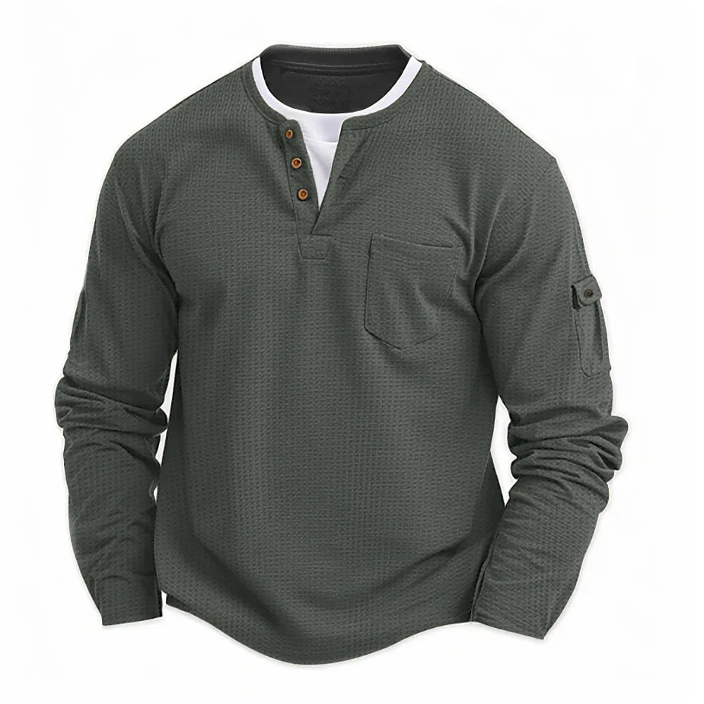 Heren Longsleeve Shirt met Henley Hals en Borstzak
