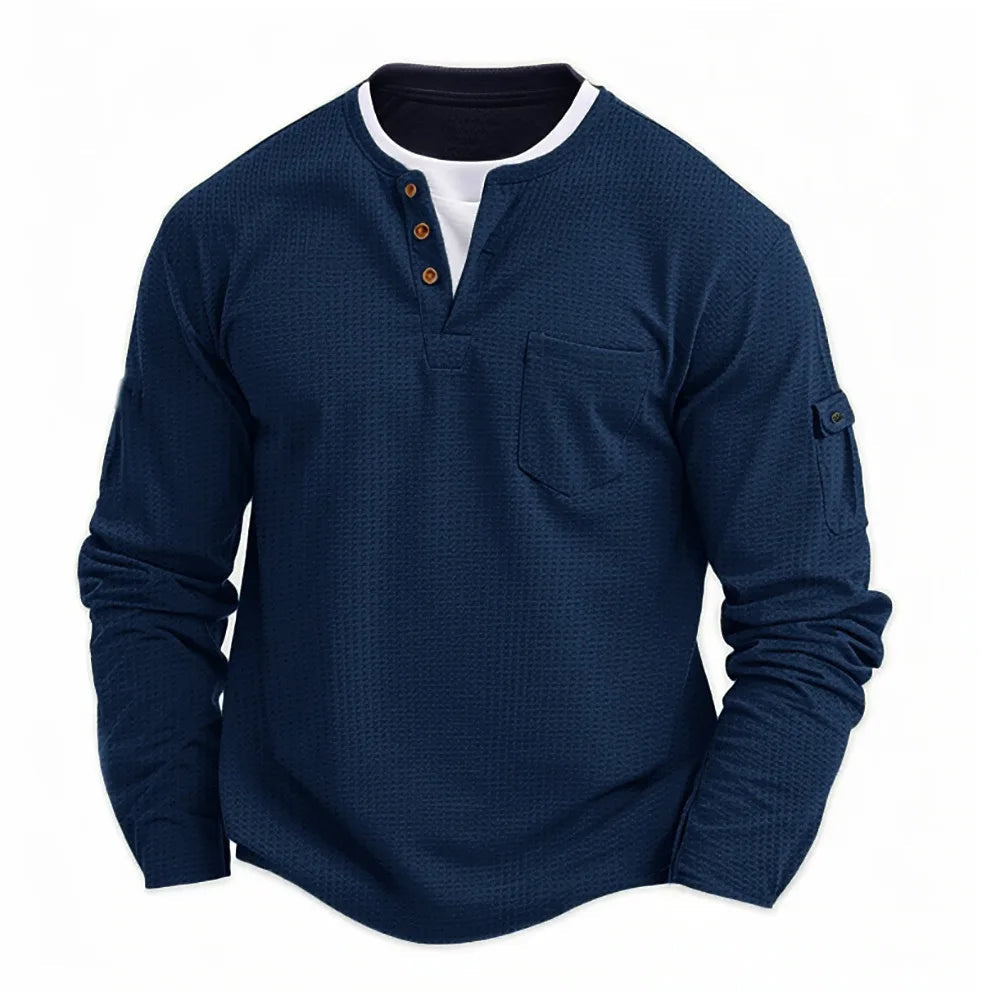 Heren Longsleeve Shirt met Henley Hals en Borstzak Donkerblauw
