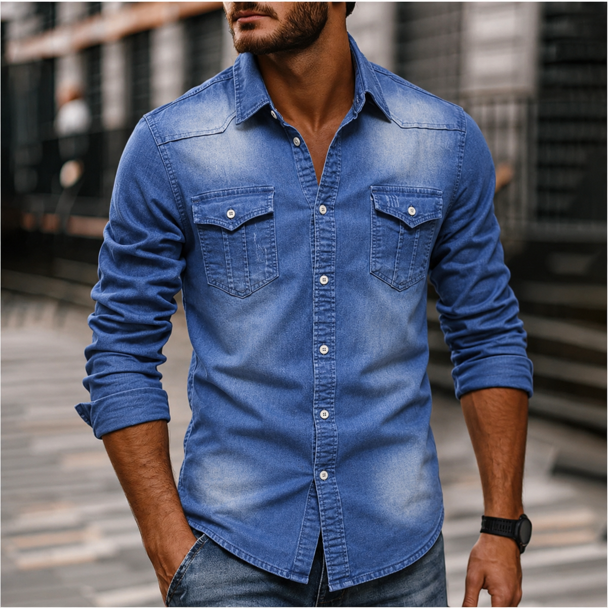 Heren Casual Spijkerblouse Slim Fit met Western Details Blauw