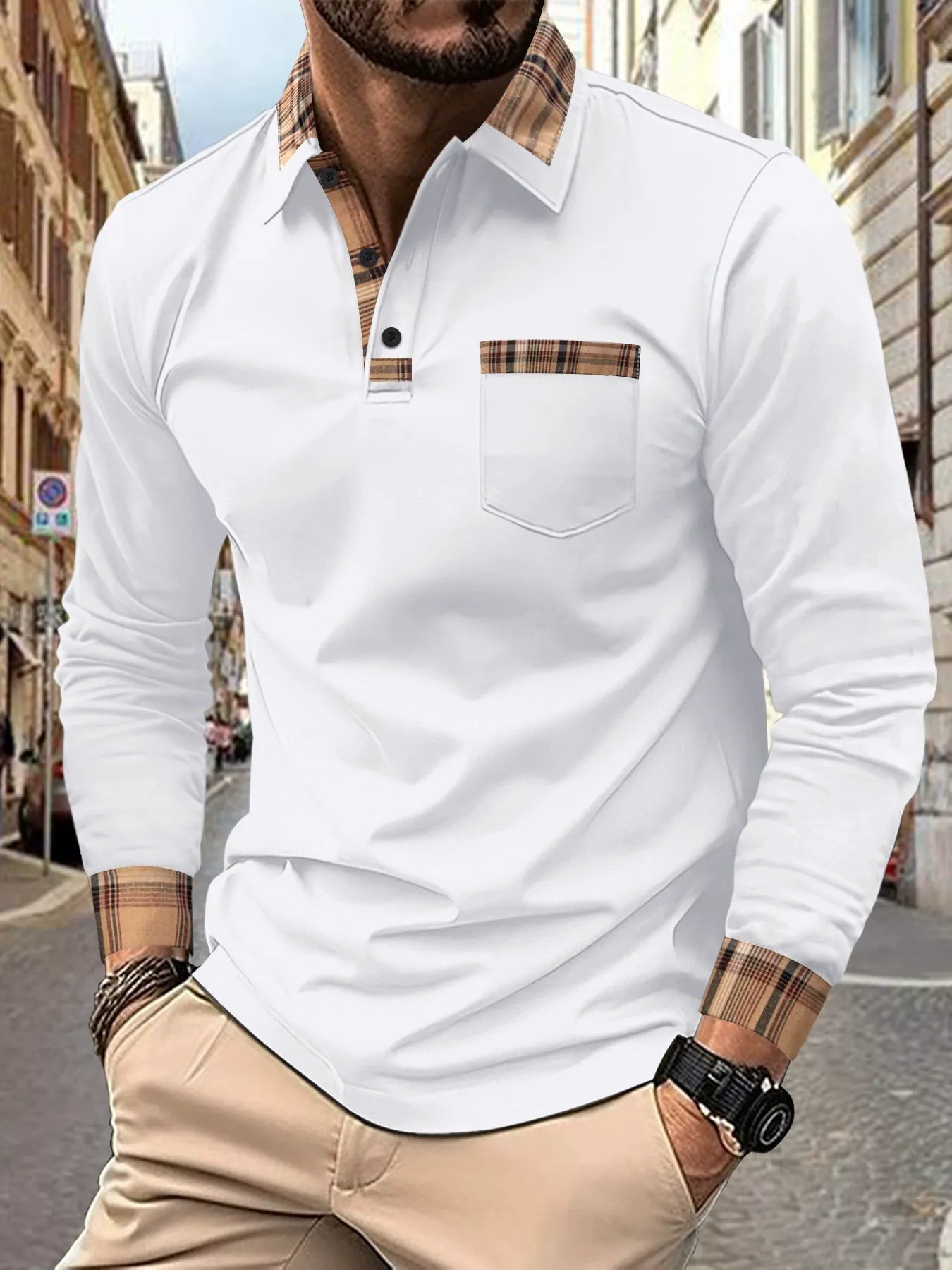 Heren Poloshirt met Lange Mouwen en Ruitaccenten 0