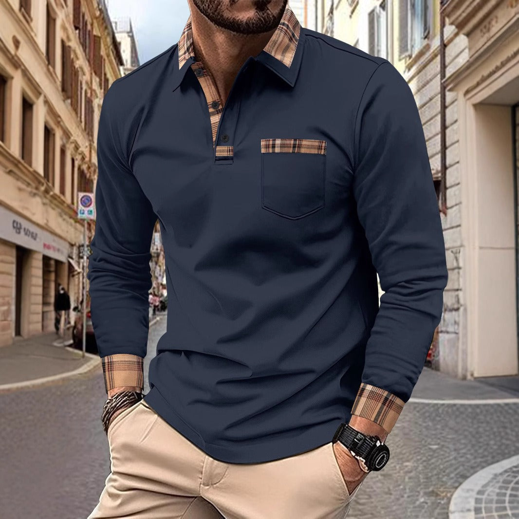 Heren Poloshirt met Lange Mouwen en Ruitaccenten Blauw