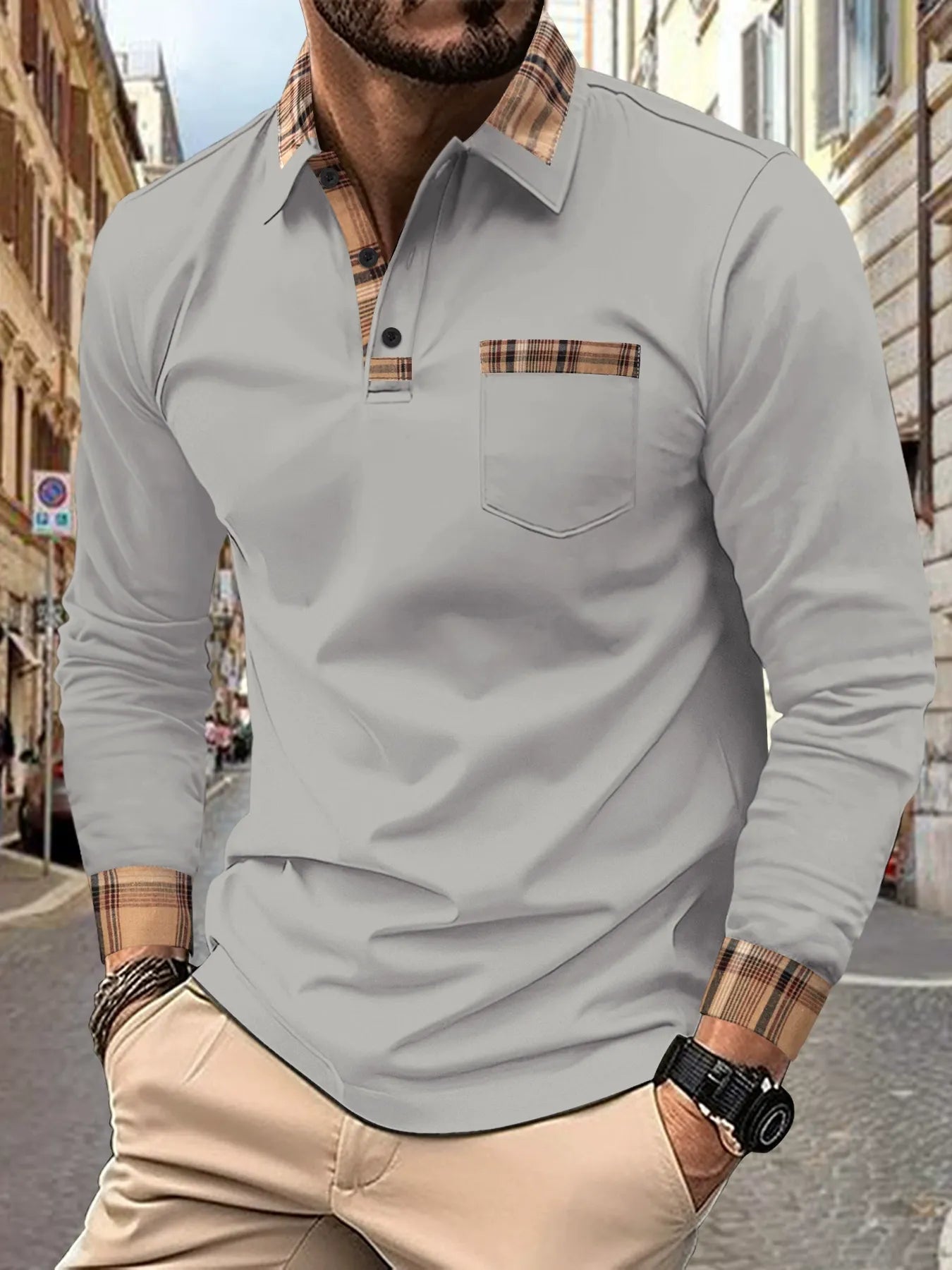 Heren Poloshirt met Lange Mouwen en Ruitaccenten 4