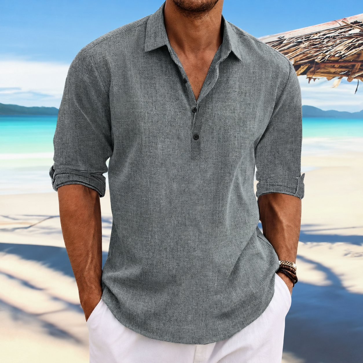 Heren Poloshirt met Omgeslagen Mouwen en Knoopplacket Grijs