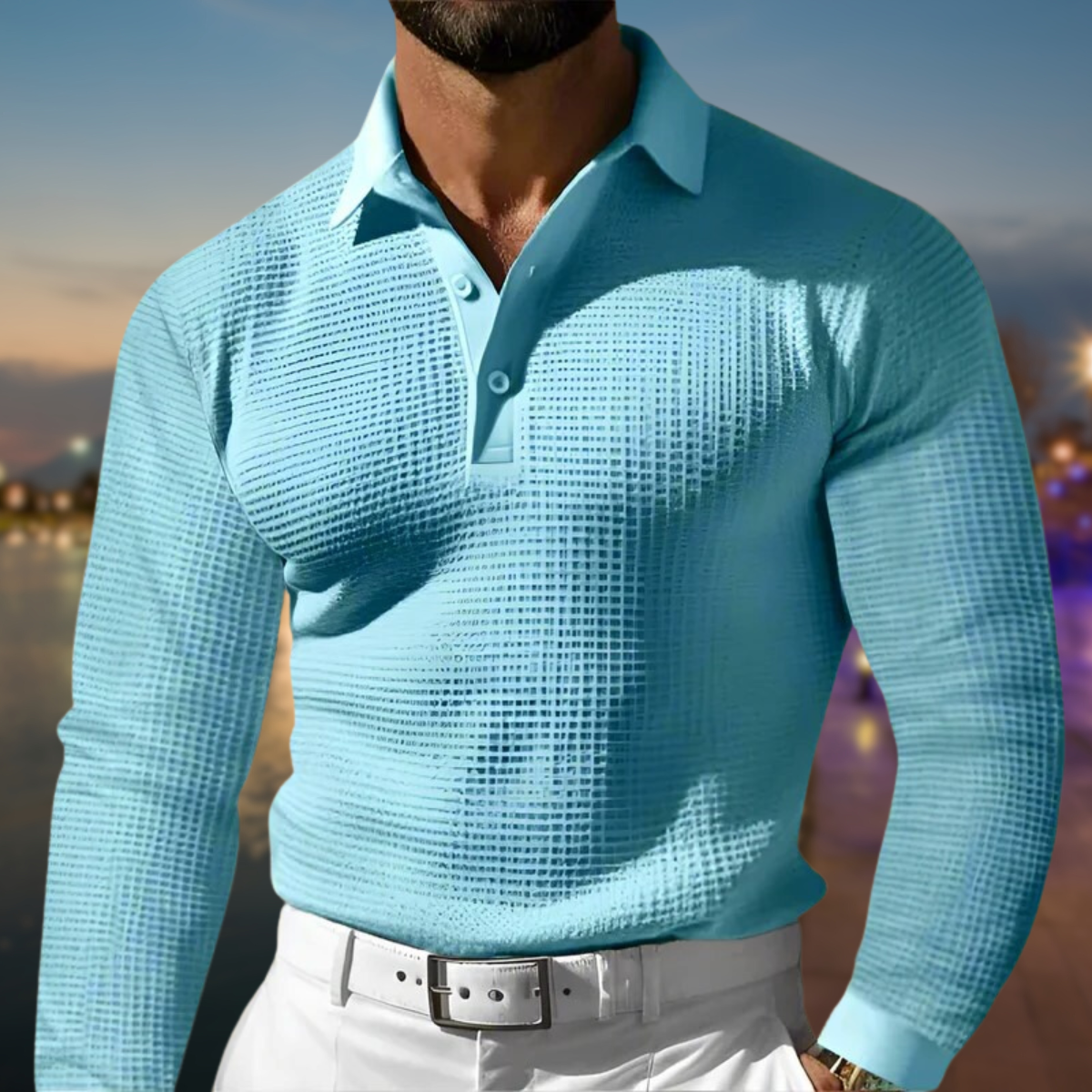 Heren Polosweater met Lange Mouwen, Knoopsluiting en Gestructureerd Oppervlak Lichtblauw