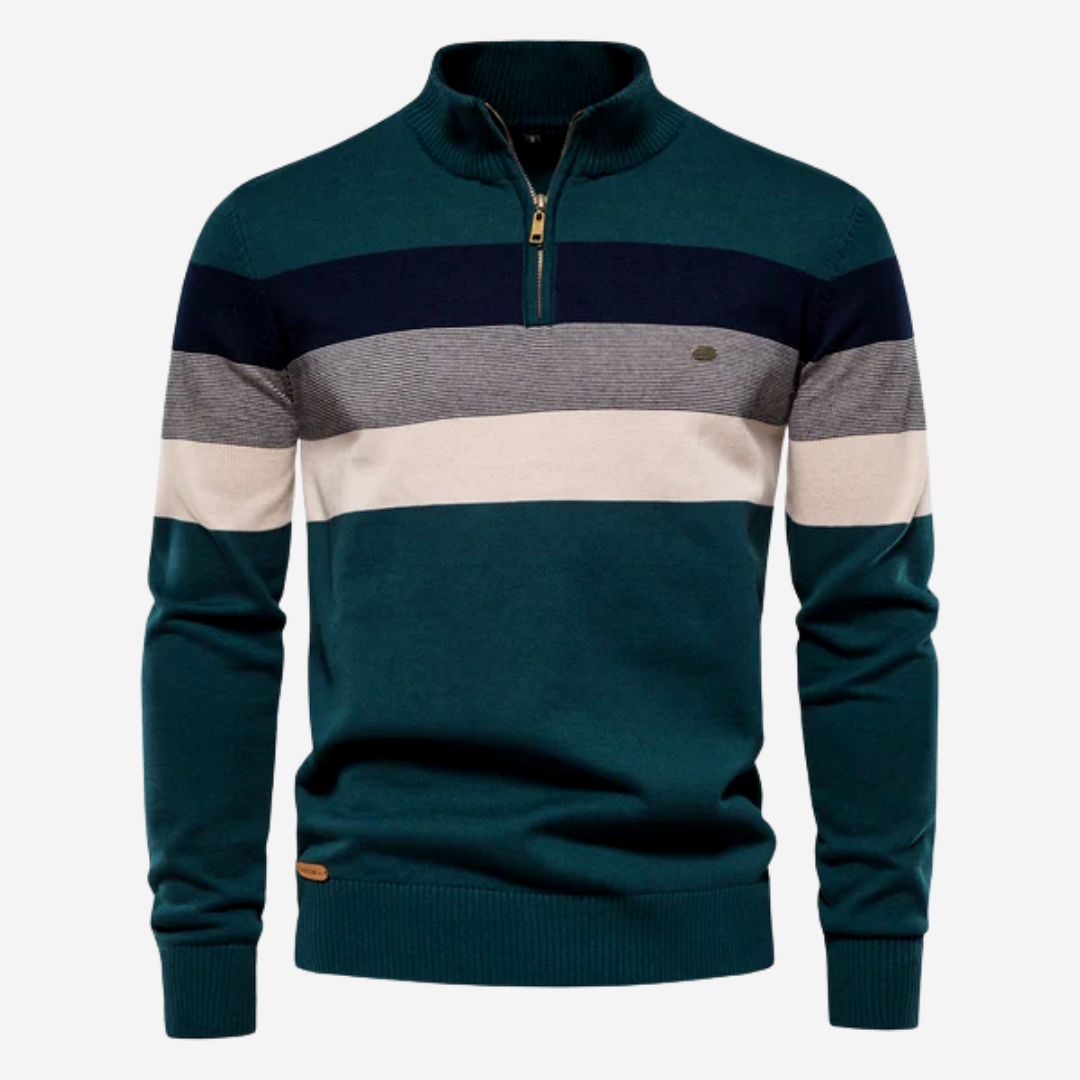 Heren Retro Strepen Pullover met Rits en Kraagje Groen