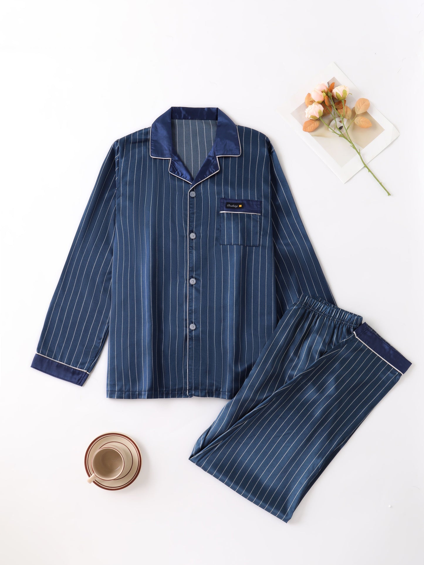 Heren Pyjama Set met Lange Mouwen en Gestreept Ontwerp 0