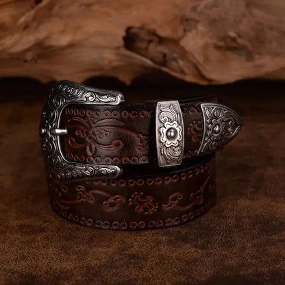 Heren Riem van Volnerfleer met Gegraveerde Gesp en Klassieke Cowboystijl 0