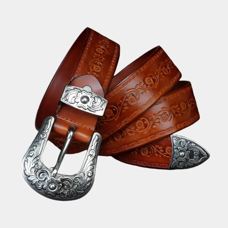 Heren Riem van Volnerfleer met Gegraveerde Gesp en Klassieke Cowboystijl 1