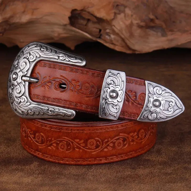 Heren Riem van Volnerfleer met Gegraveerde Gesp en Klassieke Cowboystijl 2