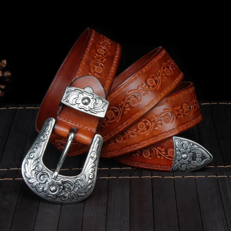 Heren Riem van Volnerfleer met Gegraveerde Gesp en Klassieke Cowboystijl 3