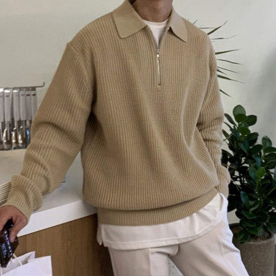 Heren Sweater met Kwart Rits en Tailored Fit Khaki