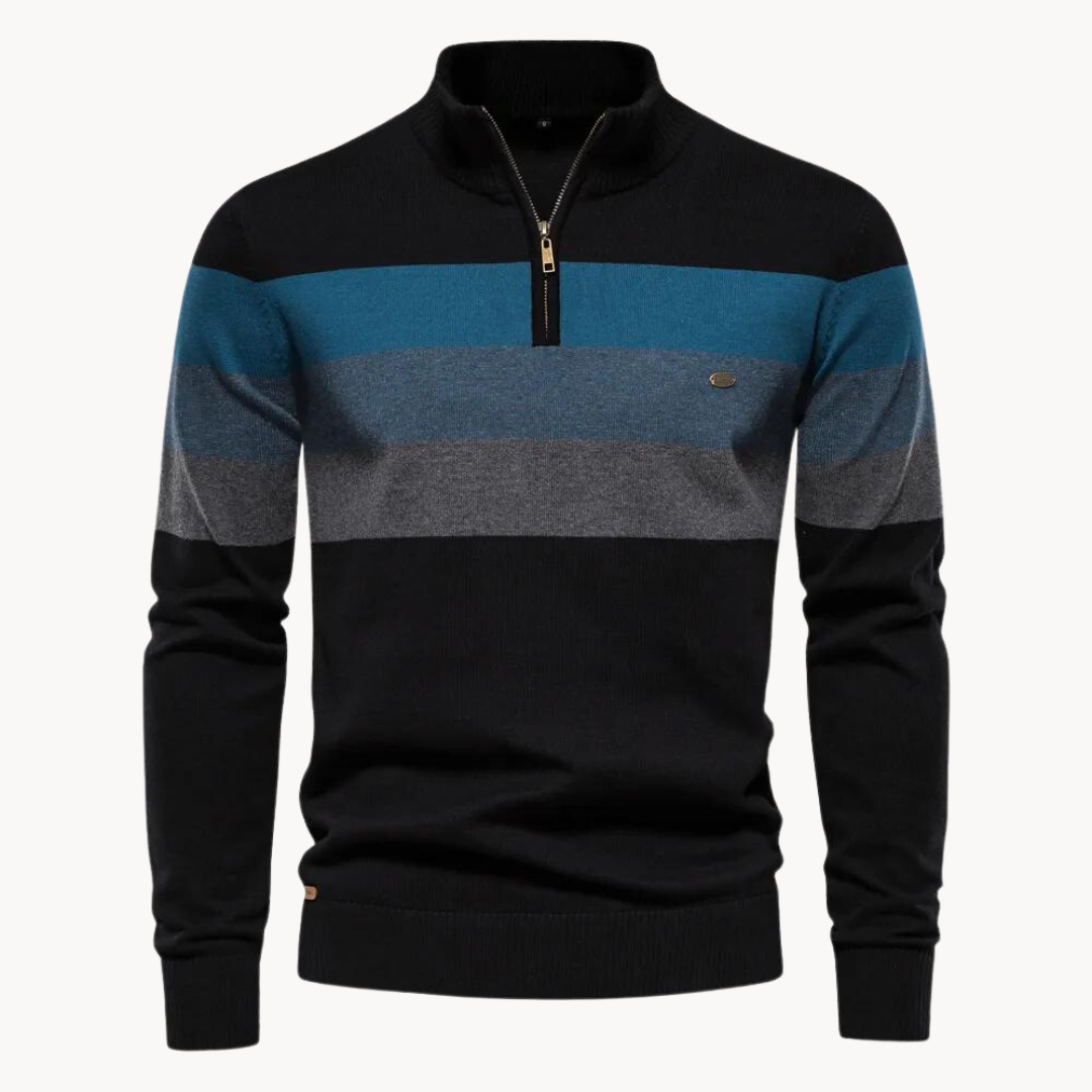 Heren Sweater met Kwartrits en Gestreept Patroon Zwart