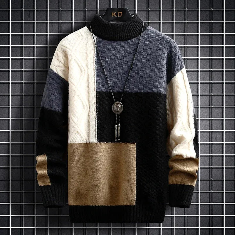 Heren Sweater met Losse Pasvorm en Uniek Patchworkpatroon Zwart
