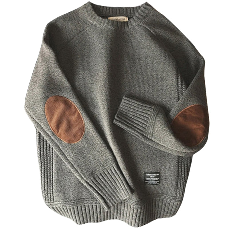 Heren Sweater met Ronde Kraag en Kunstleren Patches voor Casual Look Grijs