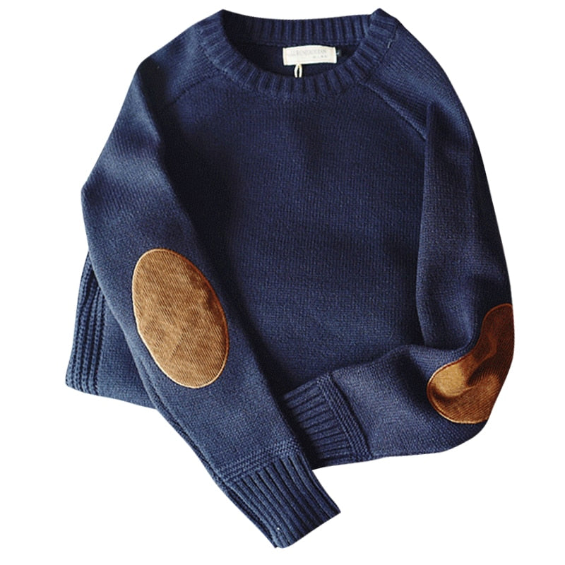 Heren Sweater met Ronde Kraag en Kunstleren Patches voor Casual Look Blauw